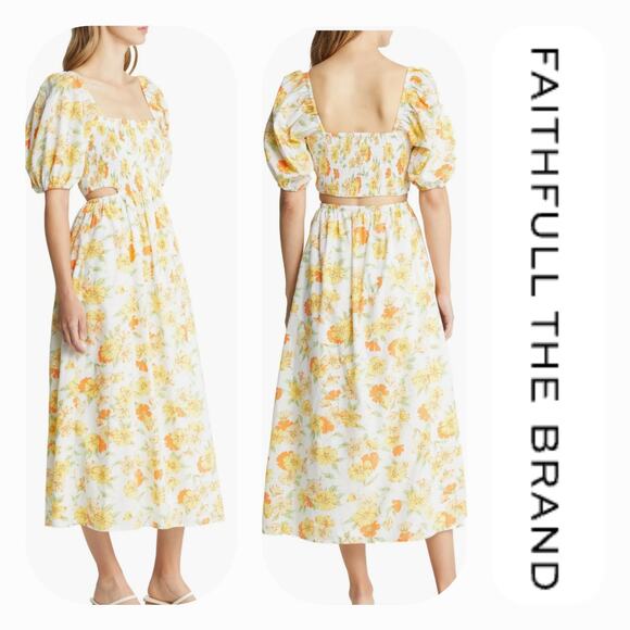 NWT Faithfull the Brand Loucetta Floral Print Midi Dress Sz. 12 White Yellow - Picture 1 of 15